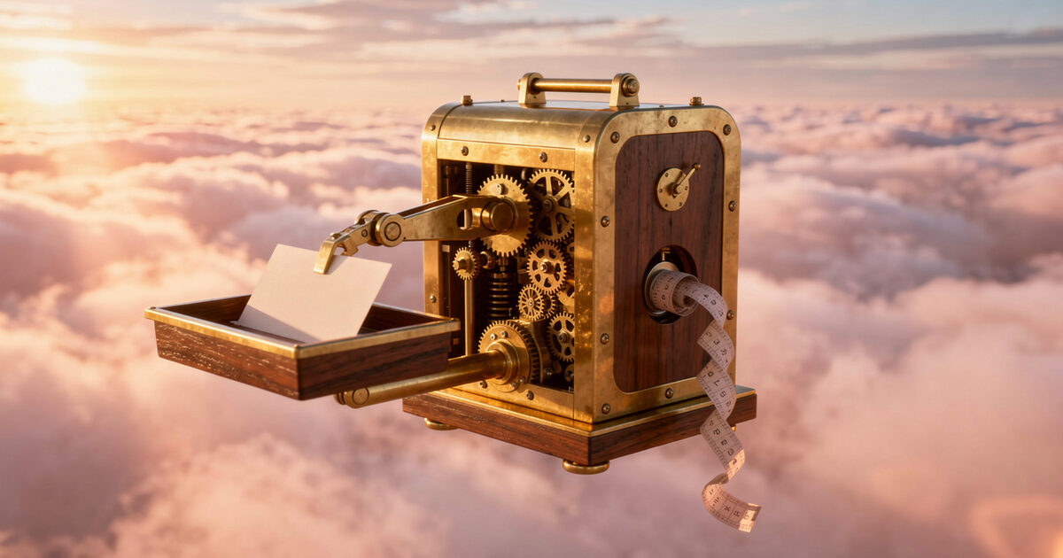A brass and walnut automaton above a sea of sunset clouds, its arm lifting a card from one tray into another while punched tape spills from its side.