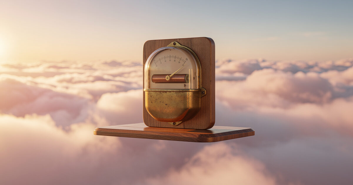 A vintage brass meter on a walnut board above a sea of sunset clouds, its copper disc turning behind domed glass.