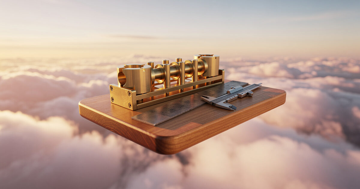 A machinist's jig above a sea of sunset clouds, holding identical brass parts in alignment beside a square and calipers.