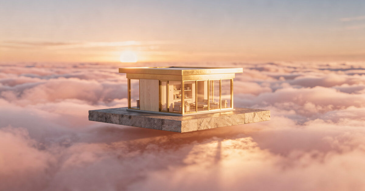 A miniature glass and brass building, lit from inside, resting on its own stone foundation above a sea of sunset clouds.