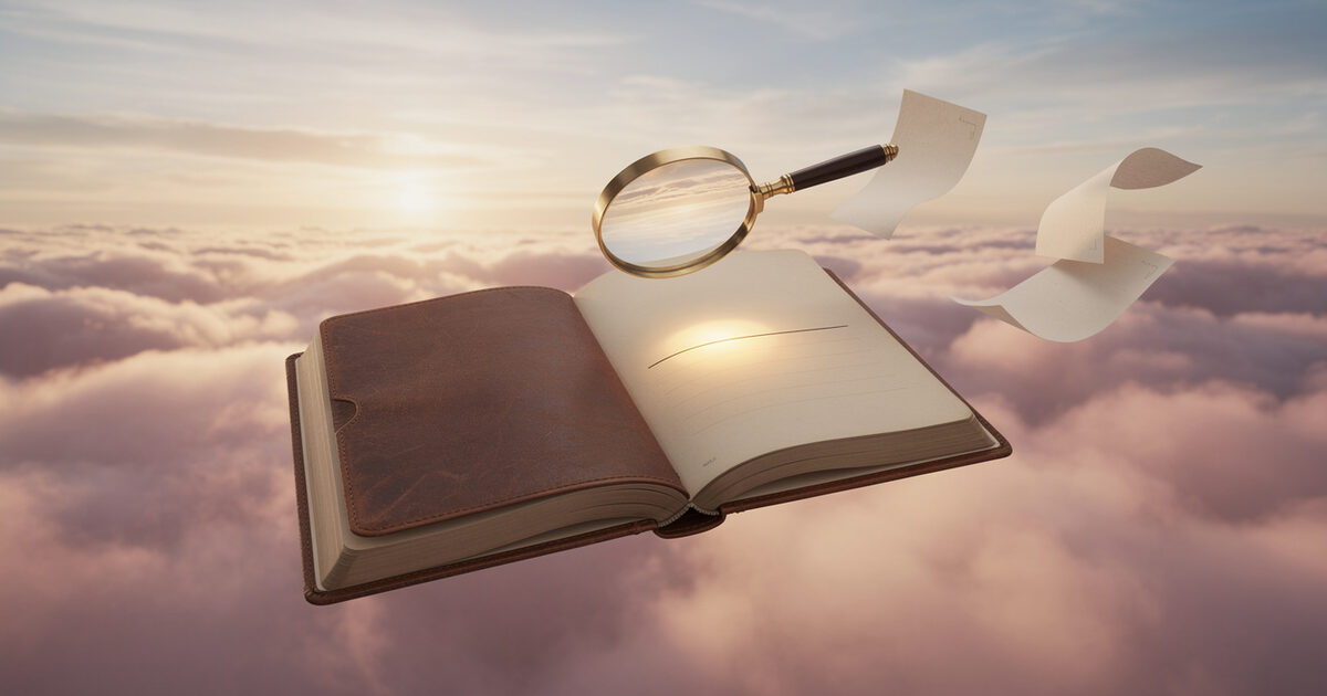 An open leather ledger above a sea of sunset clouds, a brass magnifying glass hovering over one glowing line while loose pages drift off.